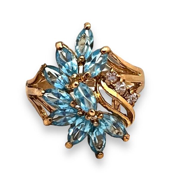 Vintage Ring Size 6 Blue Crystal Cluster 14K Gold Plate Mid-Century 14E - Picture 14 of 14